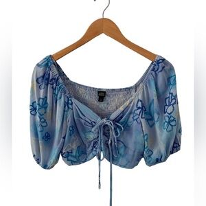Wild Fable Blue Floral/Watercolor Print Crop Top with Balloon Sleeves